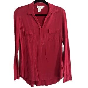 Andrea Jovine Women Red Blouse Long Sleeve Split V-Neck Flowy Tunic Top Medium